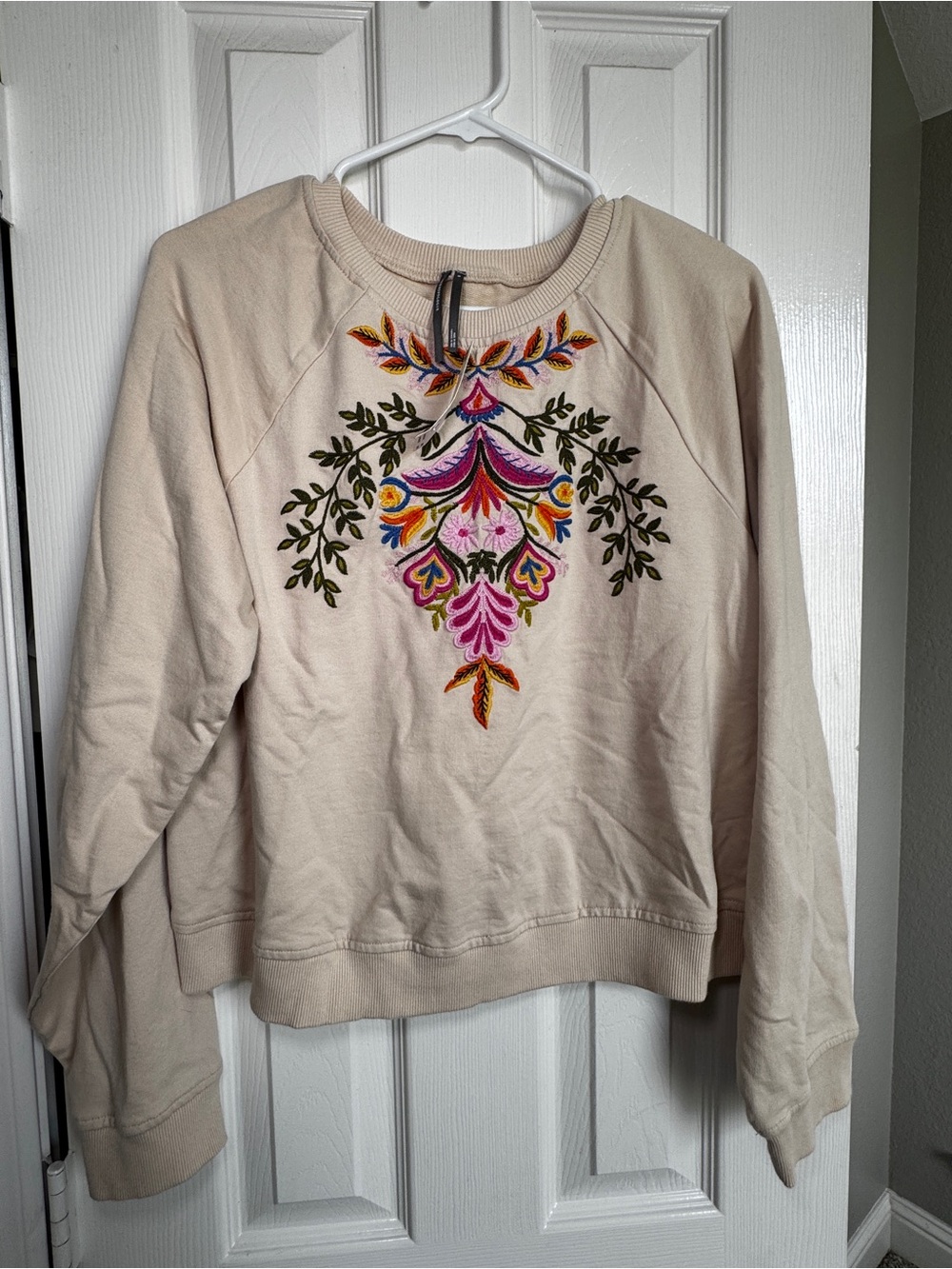 Anthropologie Cream Embroidered Floral Crewneck Sweatshirt - Picture 5 of 8